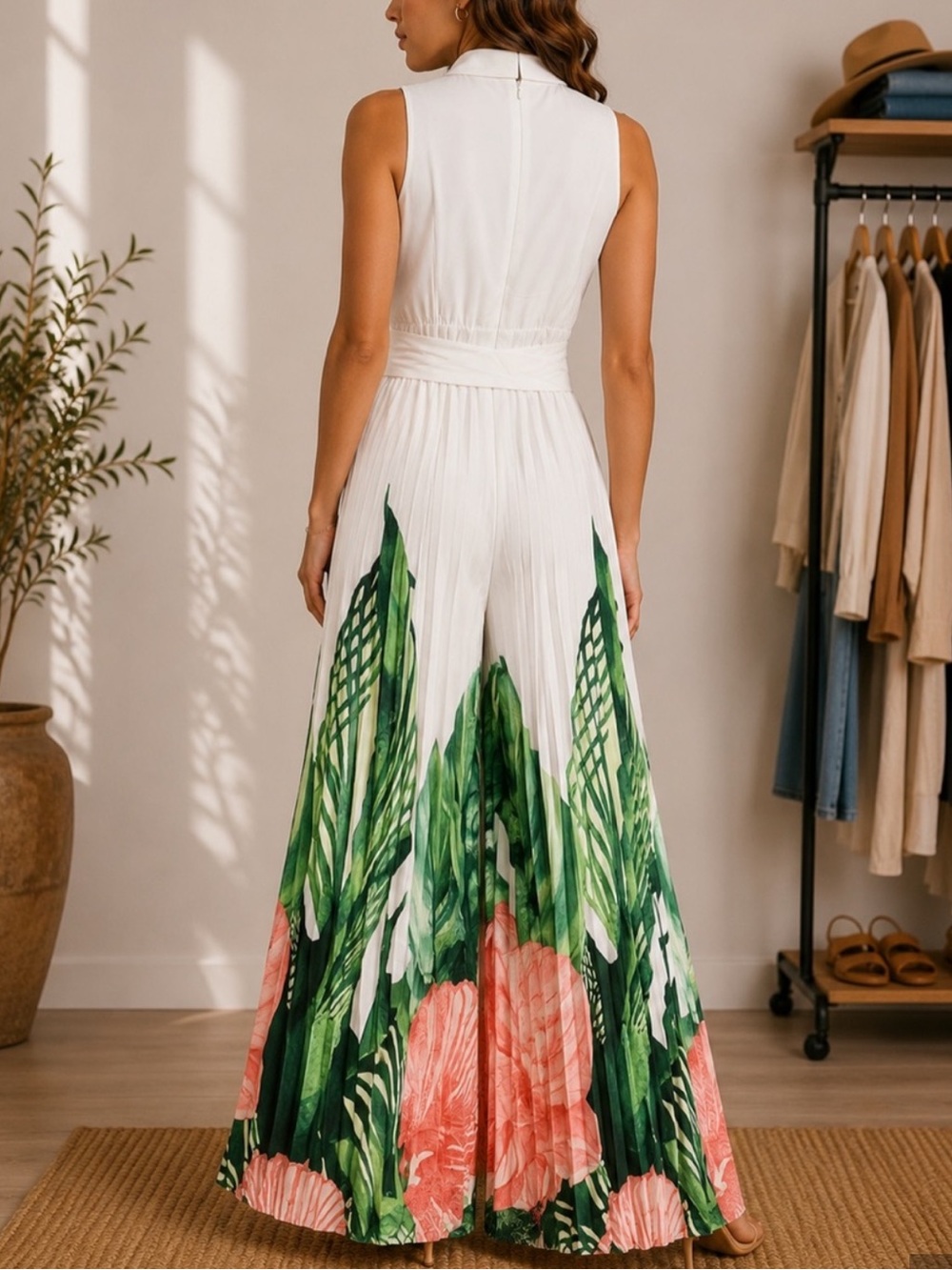 Sleeveless White Tropical-Print Jumpsuit with Tie Waist - Picture 2 of 2